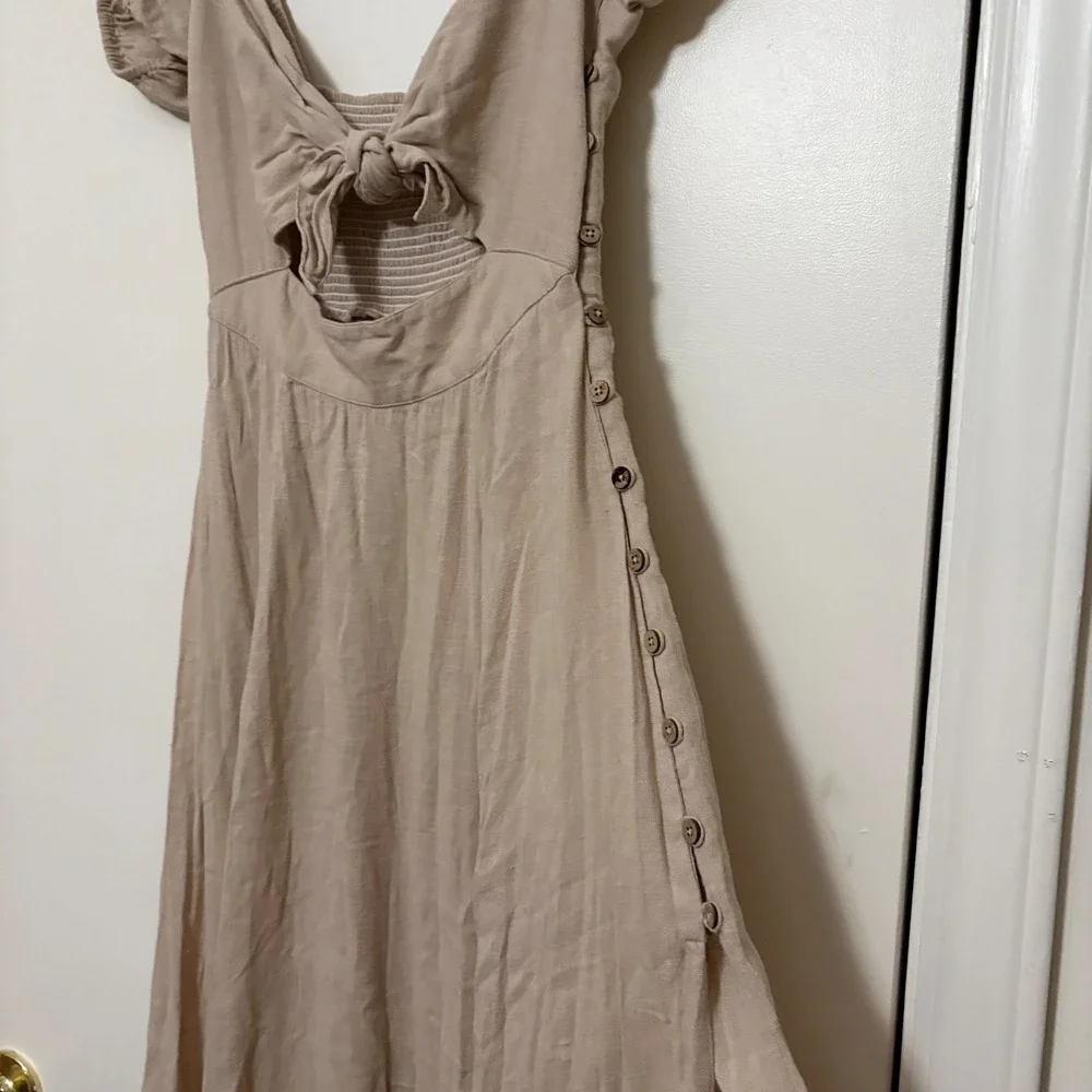 Free People Tan Tie Front Cutout Puff Sleeve Midi Dress Womens‎ XS